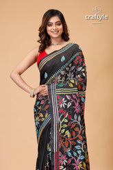 Ink Black Flower Pattern Multithread Kantha Silk Sari-Craftyle
