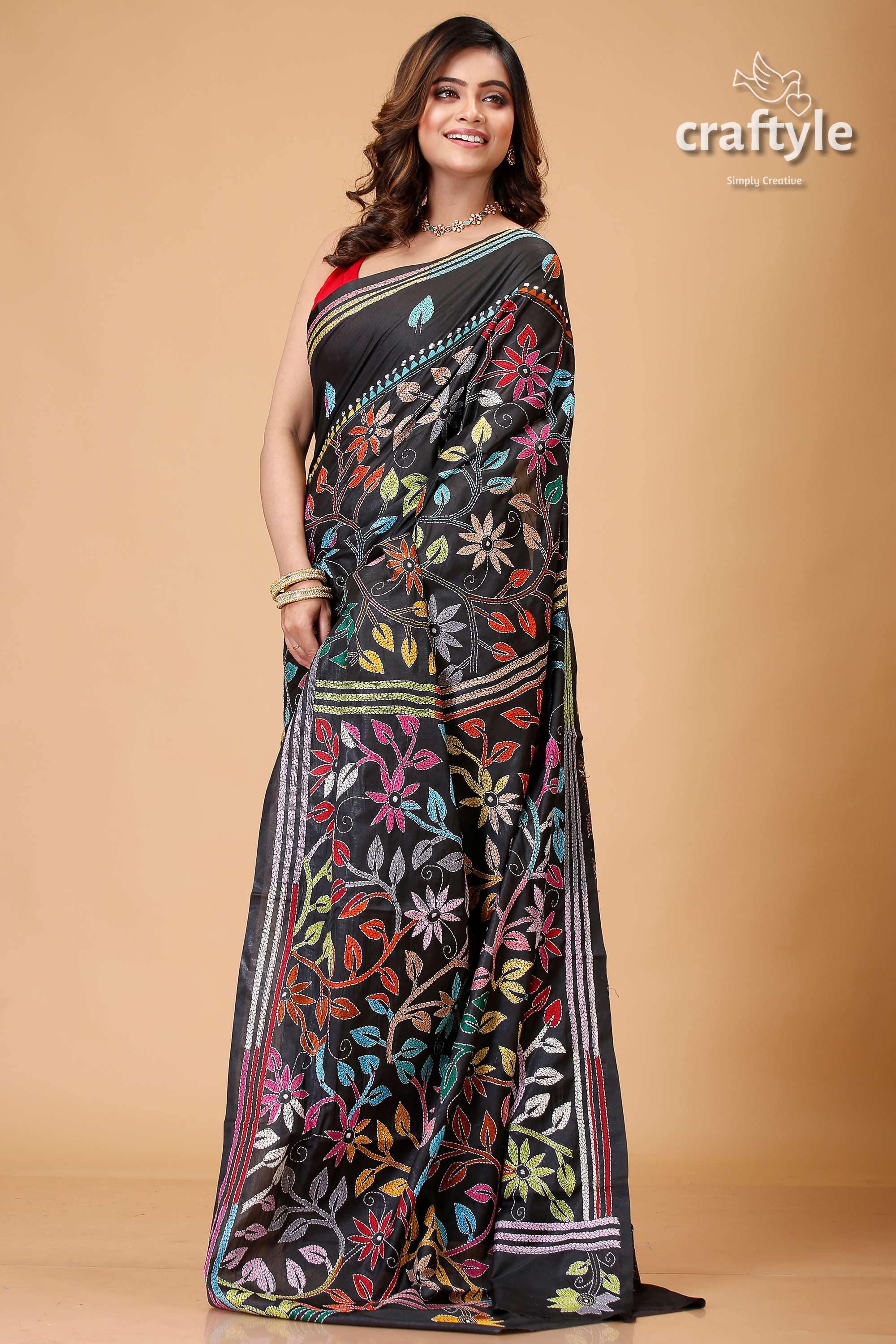 Ink Black Flower Pattern Multithread Kantha Silk Sari-Craftyle