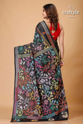 Ink Black Flower Pattern Multithread Kantha Silk Sari-Craftyle