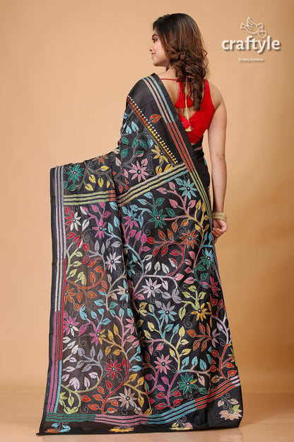 Ink Black Flower Pattern Multithread Kantha Silk Sari-Craftyle