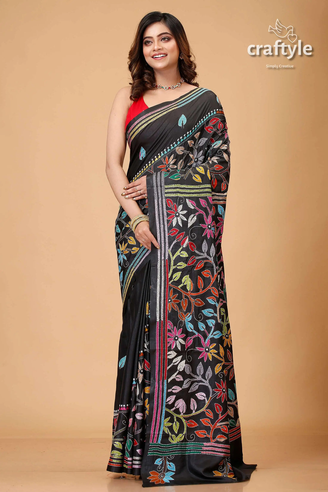 Ink black flower pattern multithread kantha silk sari black saree colorful floral embroidery 1