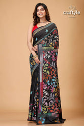 Ink Black Flower Pattern Multithread Kantha Silk Sari-Craftyle