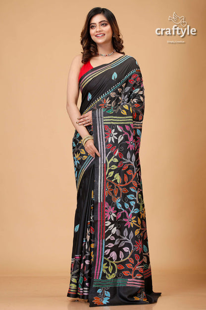 Ink Black Flower Pattern Multithread Kantha Silk Sari-Craftyle