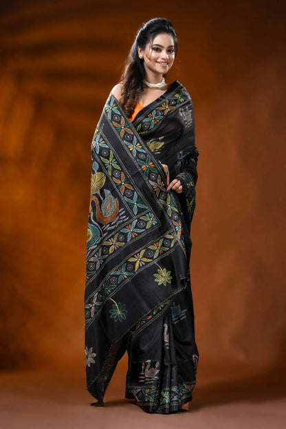 Ink black handcrafted silk kantha saree with swan lotus nature motif 4