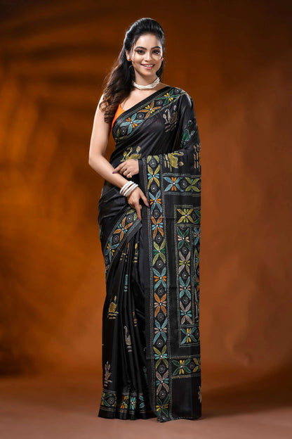 Ink black handcrafted silk kantha saree with swan lotus nature motif 1