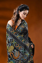 Ink black handcrafted silk kantha saree with swan lotus nature motif 2