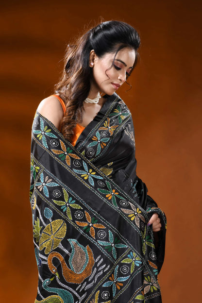 Ink black handcrafted silk kantha saree with swan lotus nature motif 2