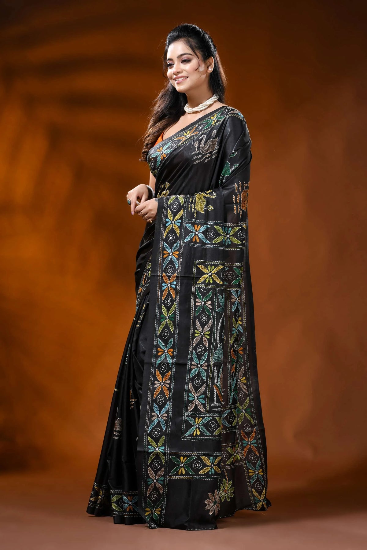 Ink black handcrafted silk kantha saree with swan lotus nature motif 3