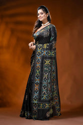 Ink black handcrafted silk kantha saree with swan lotus nature motif 3