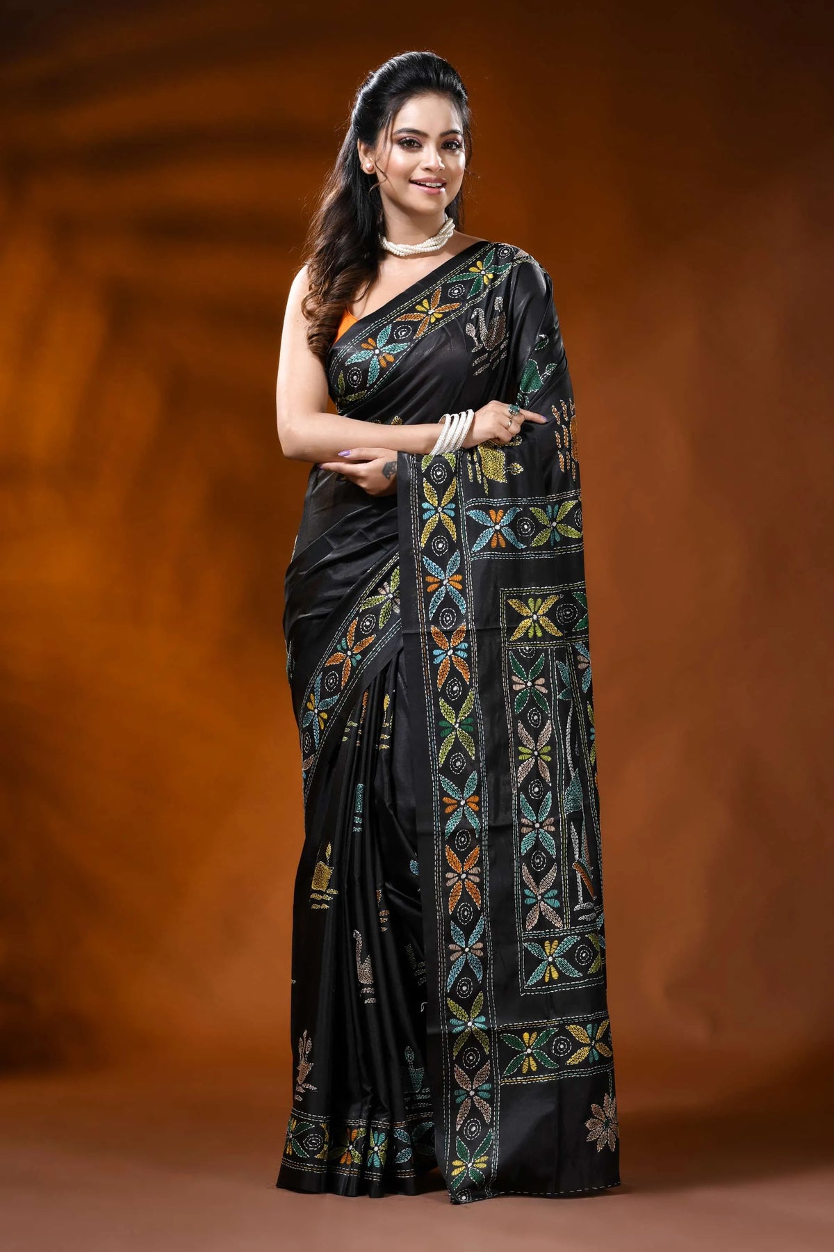 Ink black handcrafted silk kantha saree with swan lotus nature motif 6