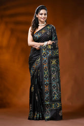 Ink black handcrafted silk kantha saree with swan lotus nature motif 6