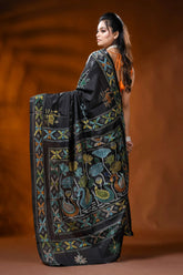 Ink black handcrafted silk kantha saree with swan lotus nature motif 5