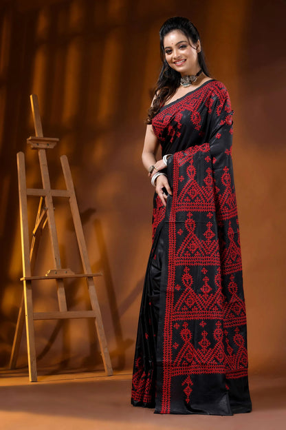 Ink black handmade silk gujarati stitch saree - red thread ethnic motif 3