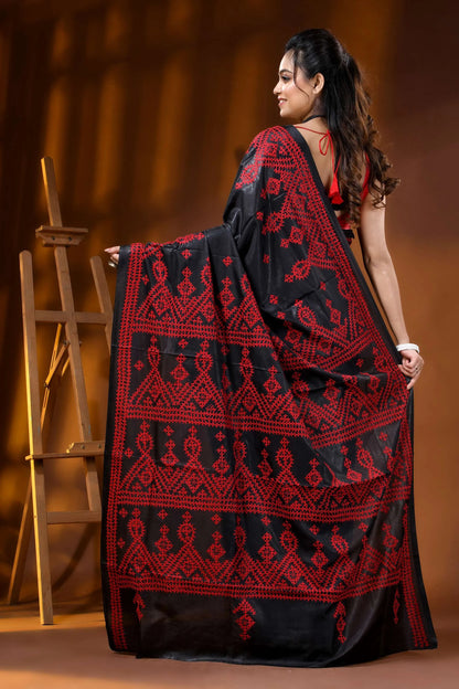 Ink black handmade silk gujarati stitch saree - red thread ethnic motif 5
