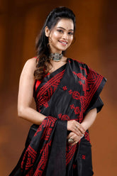 Ink black handmade silk gujarati stitch saree - red thread ethnic motif 2
