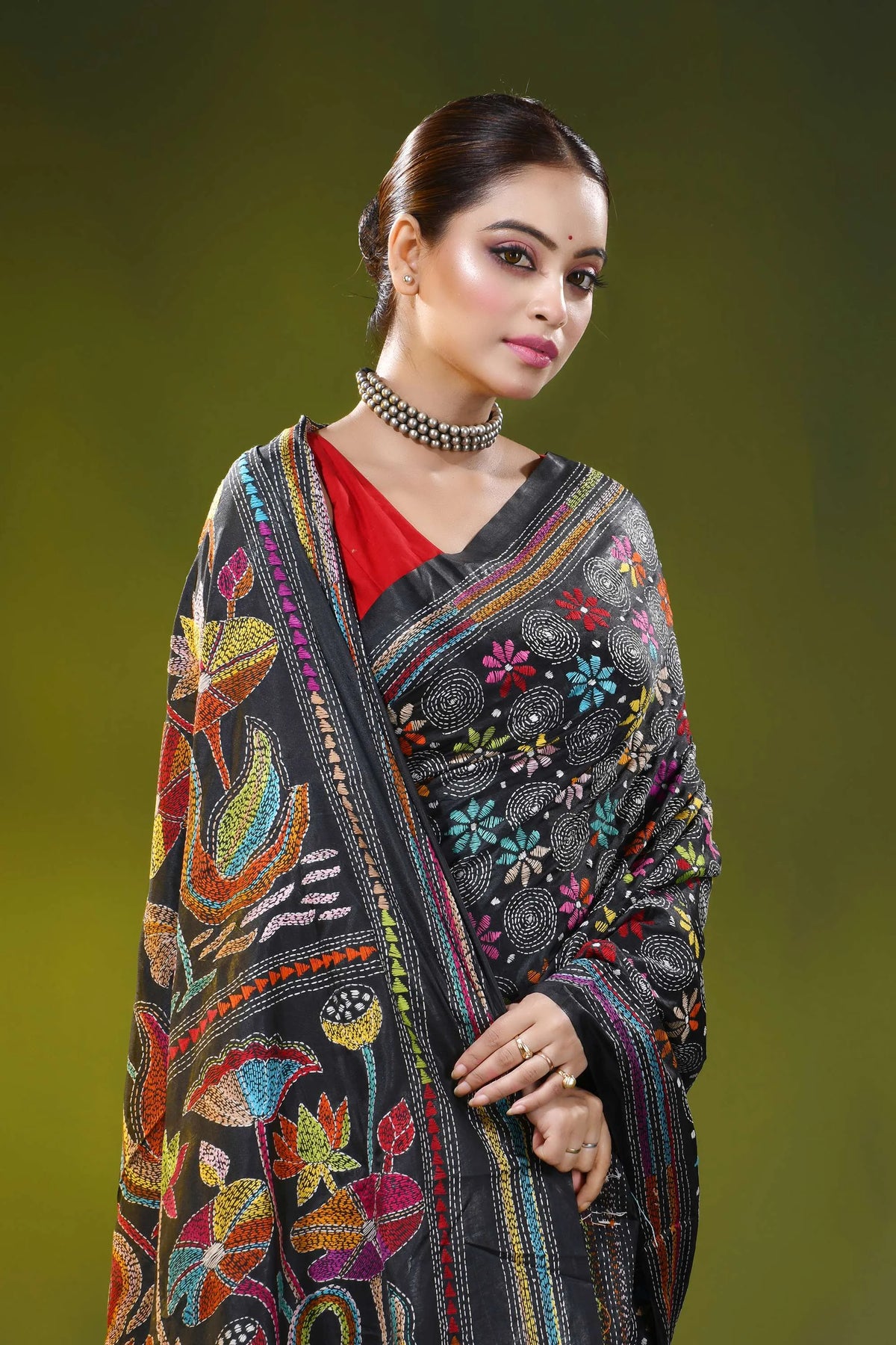 Ink black kantha embroidery silk saree with colorful swan motif 2