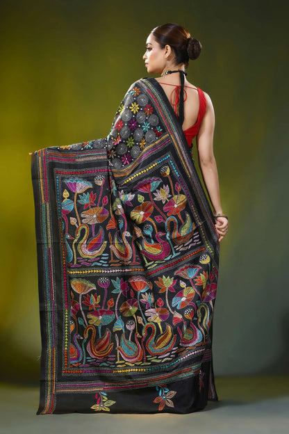 Ink black kantha embroidery silk saree with colorful swan motif 5