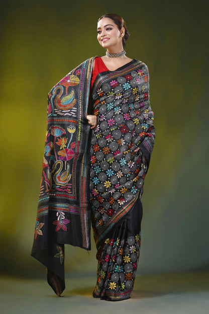 Ink black kantha embroidery silk saree with colorful swan motif 4