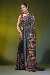 Ink black kantha embroidery silk saree with colorful swan motif 3