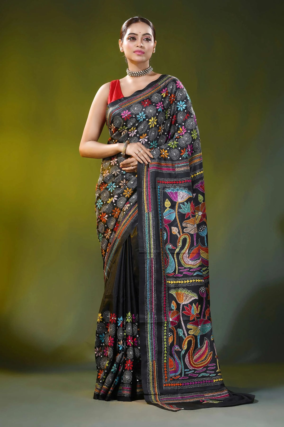 Ink black kantha embroidery silk saree with colorful swan motif 6