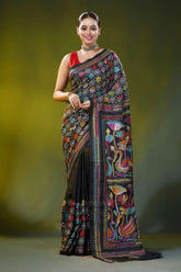 Ink black kantha embroidery silk saree with colorful swan motif 1