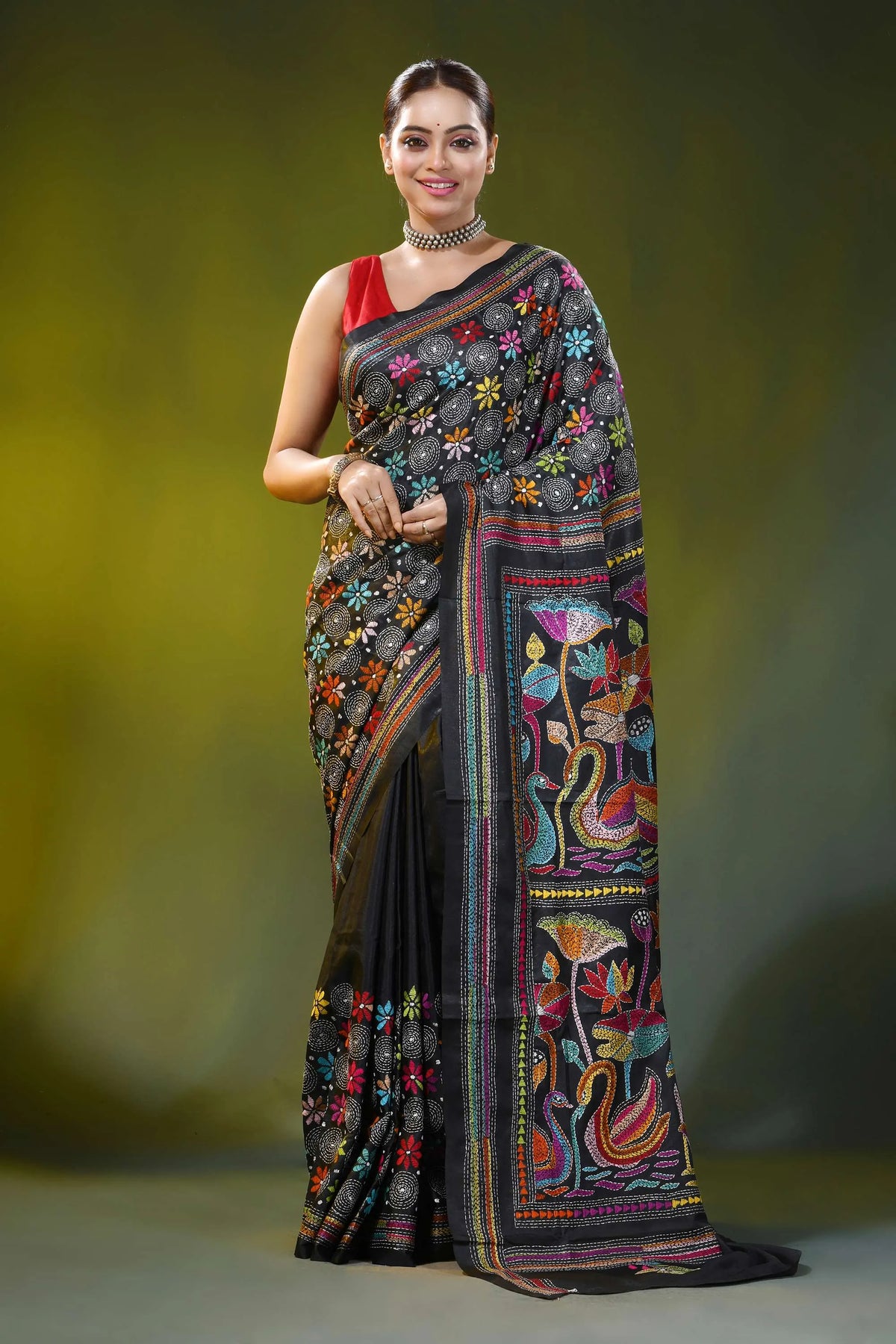 Ink black kantha embroidery silk saree with colorful swan motif 1
