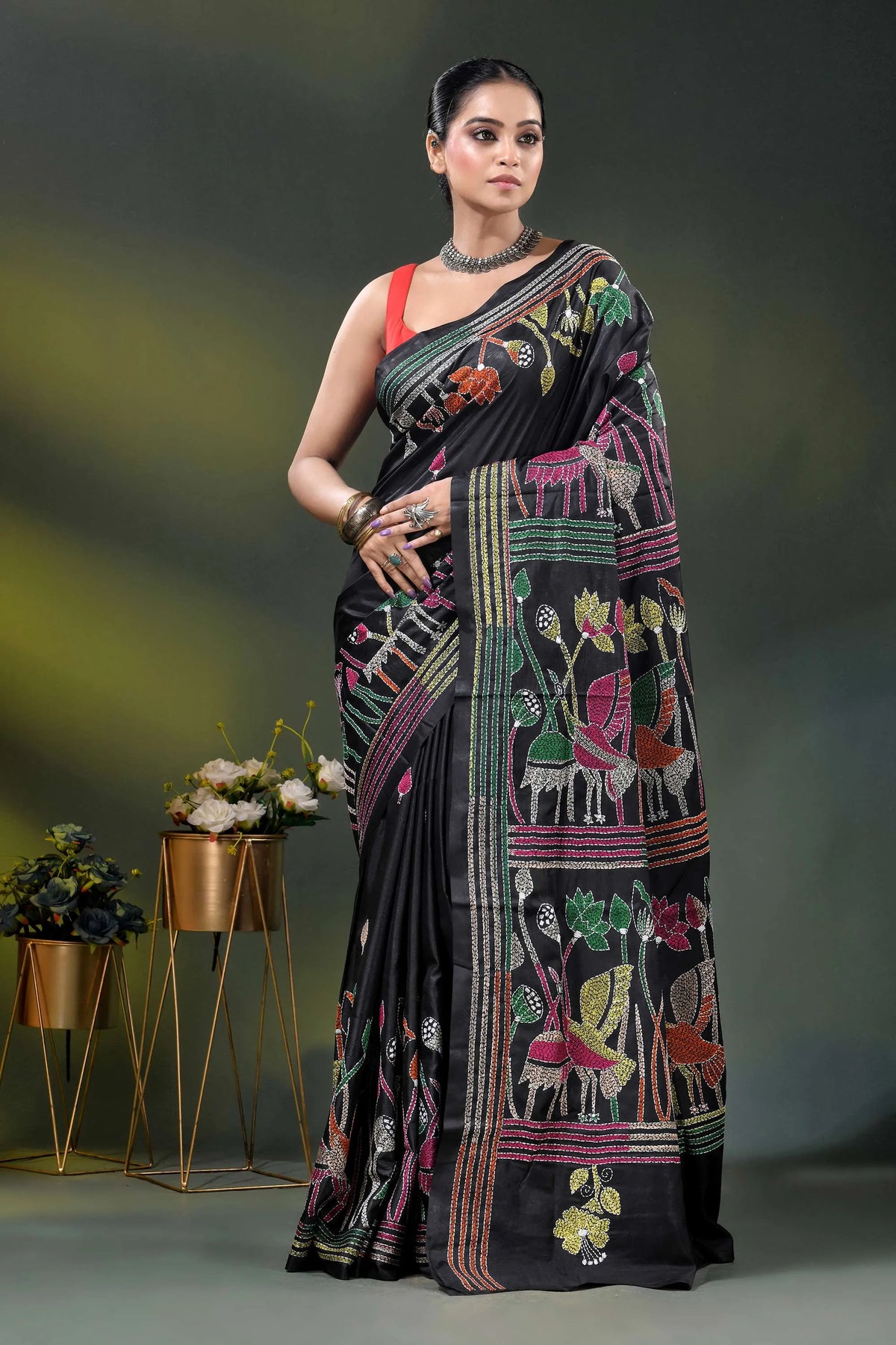 Ink black kantha silk saree with multicolor folk art motif 6