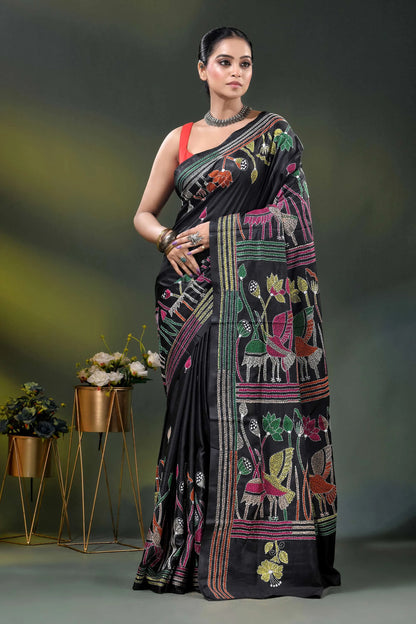 Ink black kantha silk saree with multicolor folk art motif 6