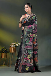 Ink black kantha silk saree with multicolor folk art motif 3