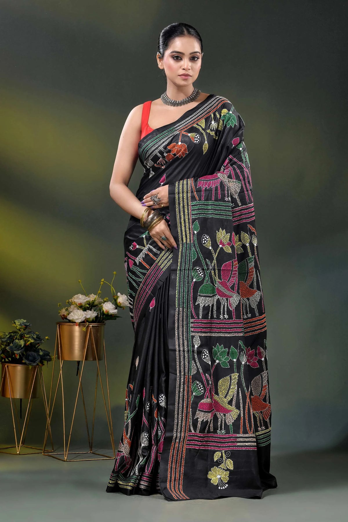 Ink black kantha silk saree with multicolor folk art motif 1