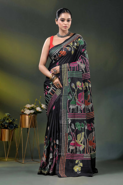 Ink black kantha silk saree with multicolor folk art motif 1