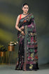 Ink black kantha silk saree with multicolor folk art motif 1