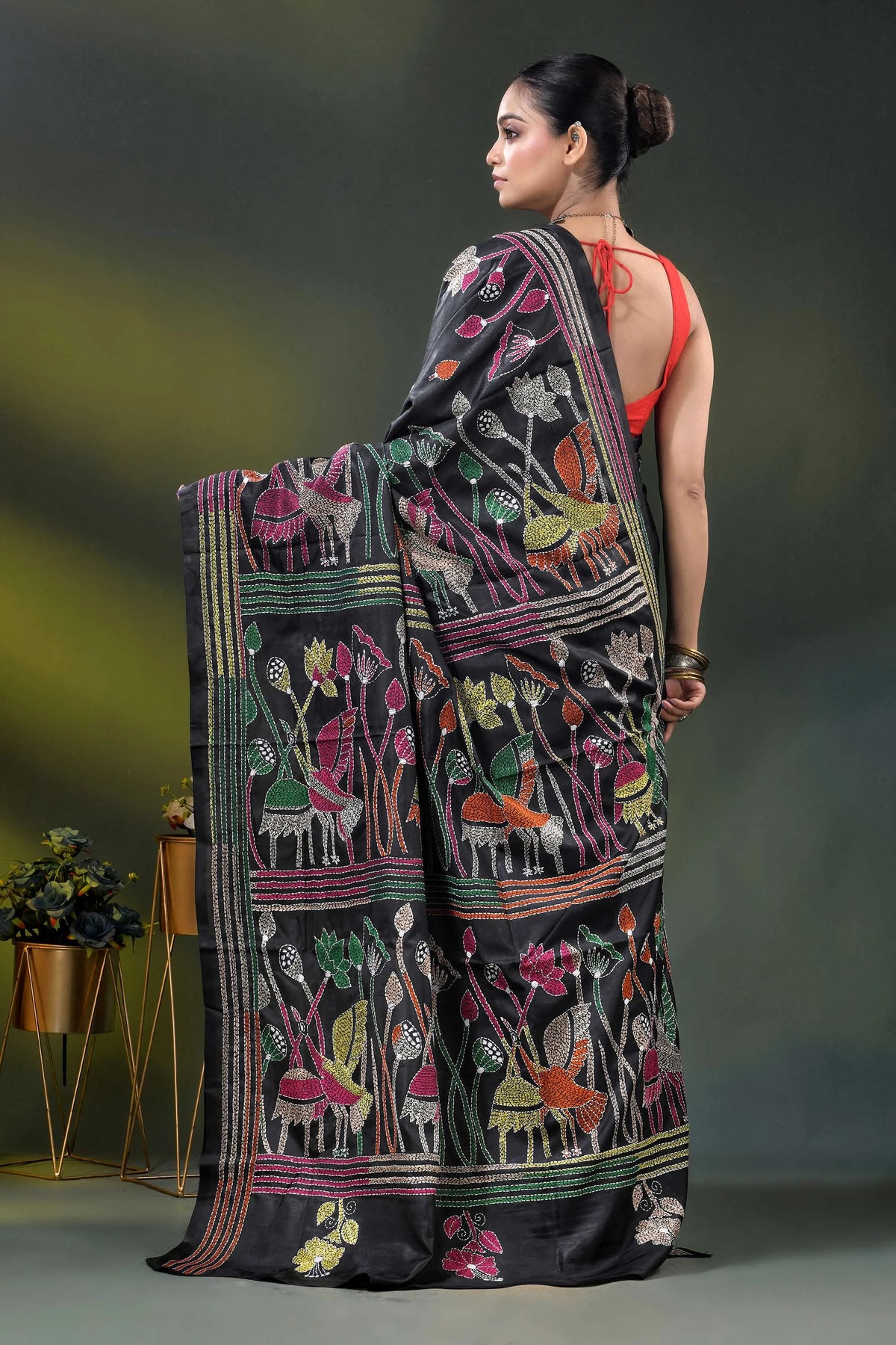 Ink black kantha silk saree with multicolor folk art motif 4