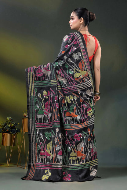 Ink black kantha silk saree with multicolor folk art motif 4