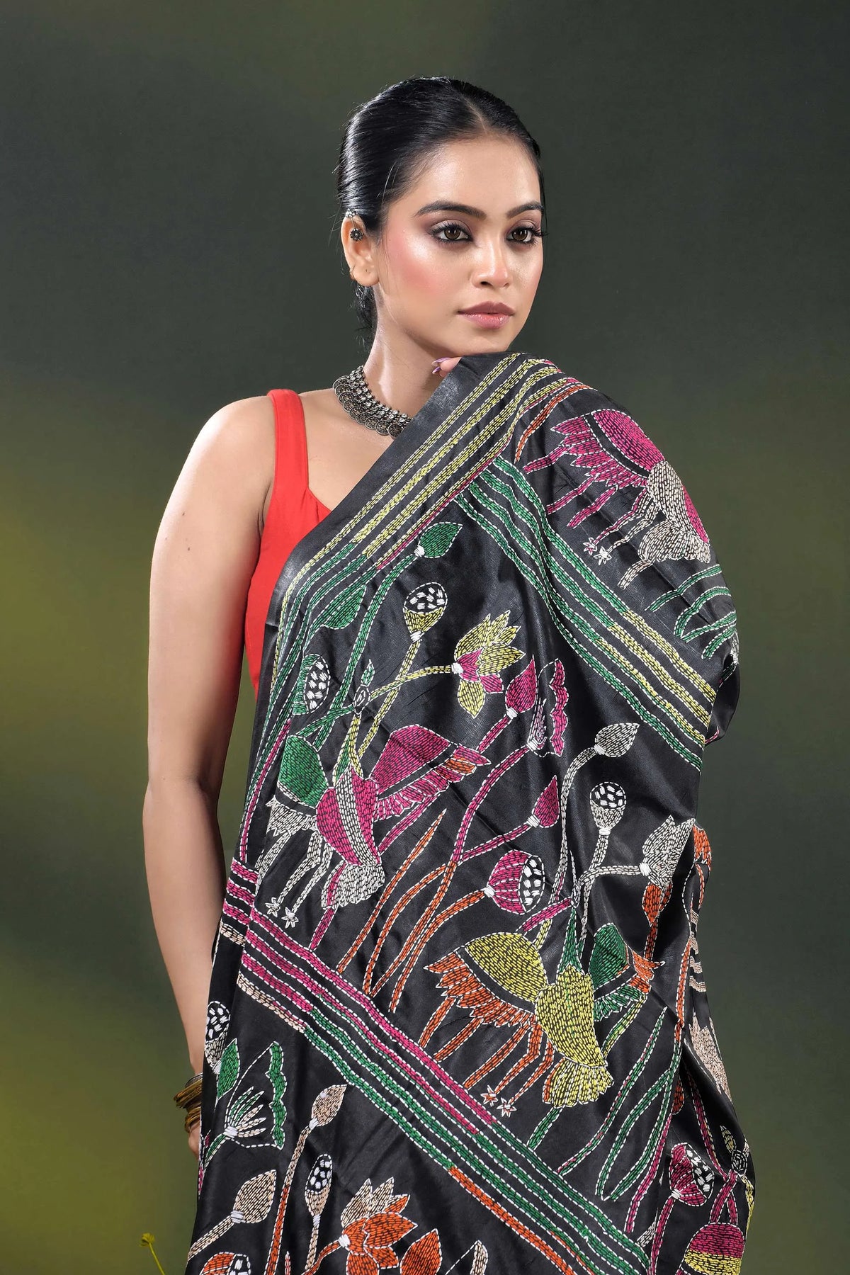 Ink black kantha silk saree with multicolor folk art motif 2