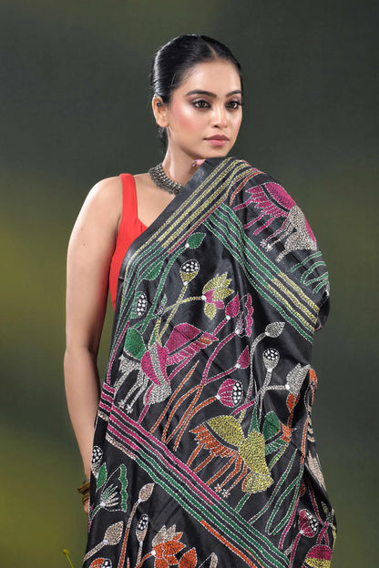 Ink black kantha silk saree with multicolor folk art motif 2