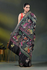 Ink black kantha silk saree with multicolor folk art motif 5