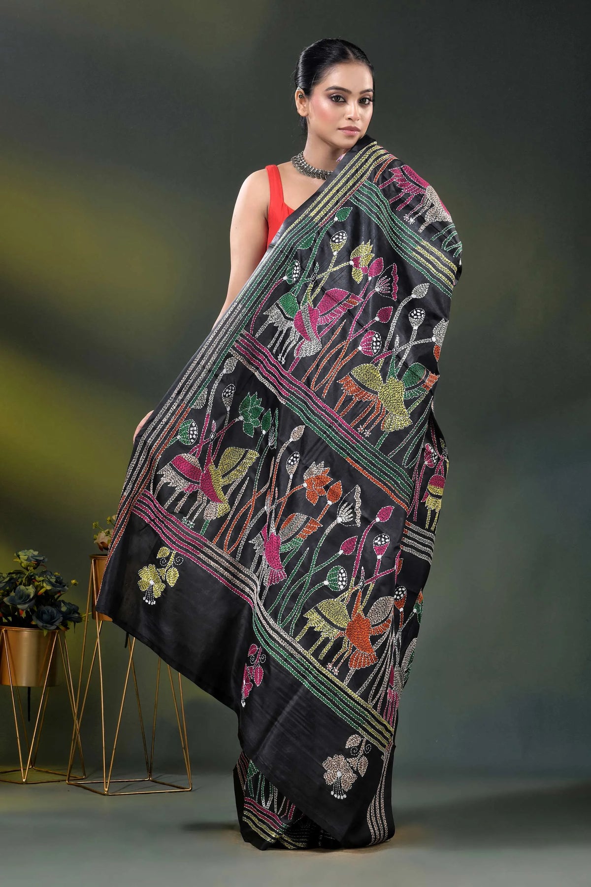 Ink black kantha silk saree with multicolor folk art motif 5