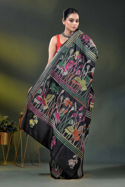 Ink black kantha silk saree with multicolor folk art motif 5