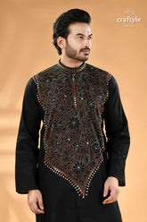 Ink black kantha stitch cotton panjabi for men reverse men’s black embroidered long sleeved kurta 2