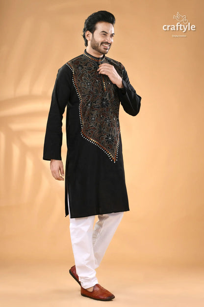 Ink black kantha stitch cotton panjabi for men reverse men’s black embroidered kurta white 3