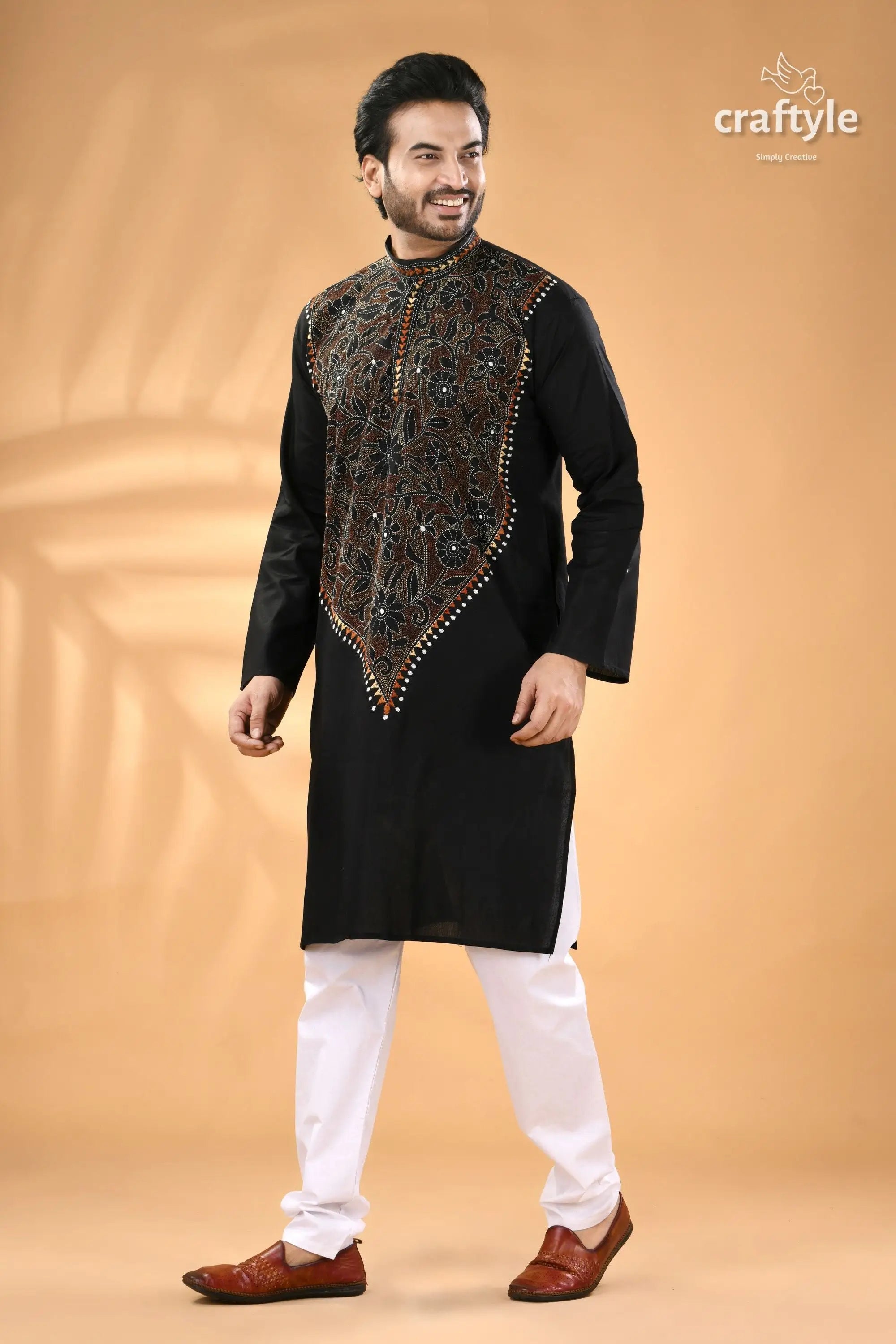 Ink black kantha stitch cotton panjabi for men reverse men’s black embroidered kurta white 4
