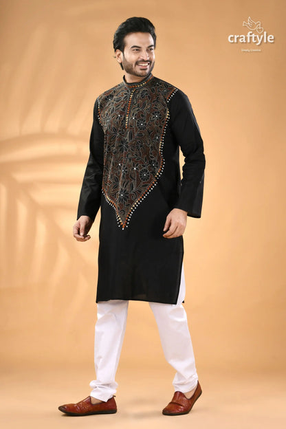Ink black kantha stitch cotton panjabi for men reverse men’s black embroidered kurta white 4