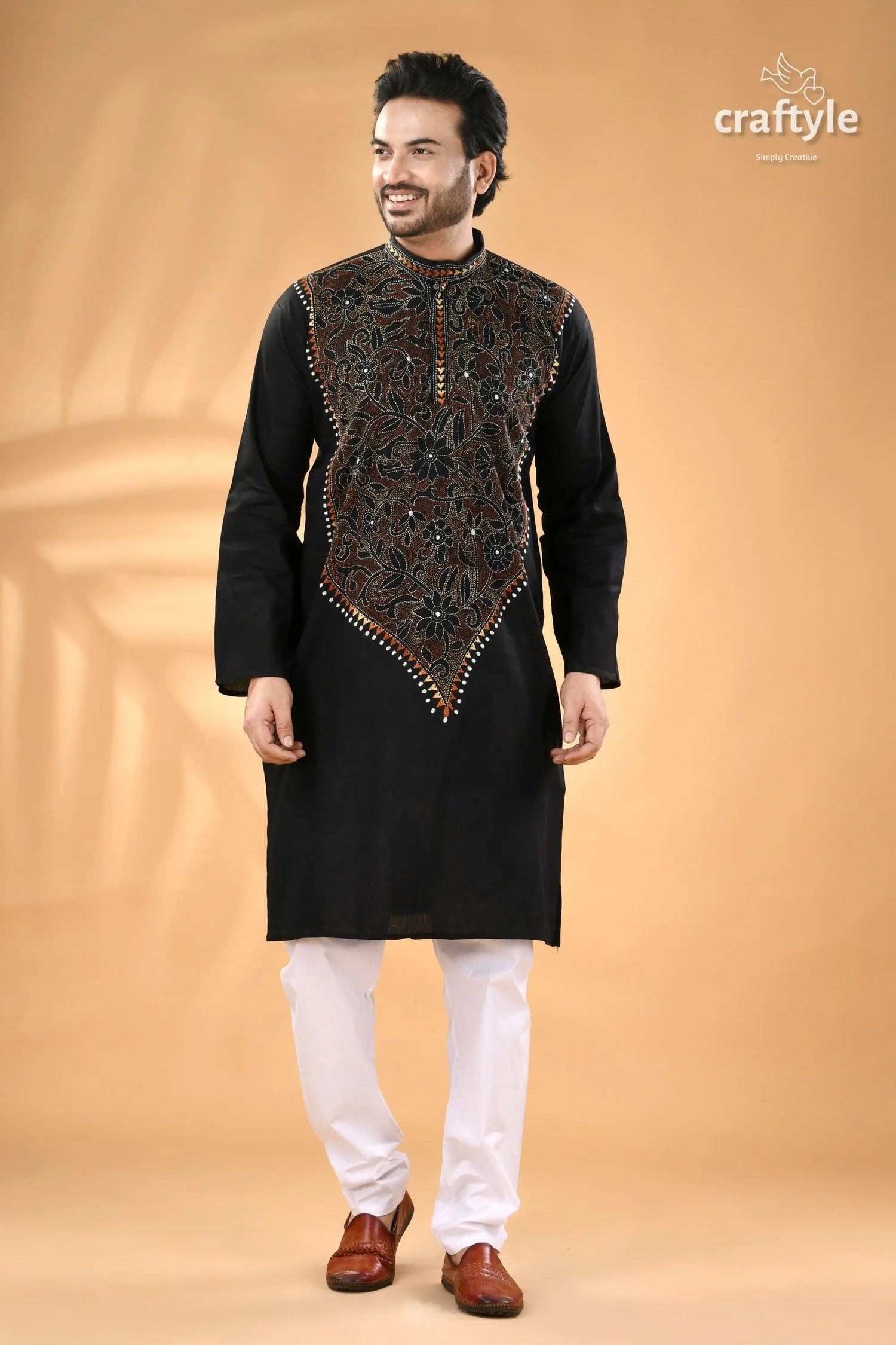 Ink black kantha stitch cotton panjabi for men reverse men’s black embroidered kurta white 5