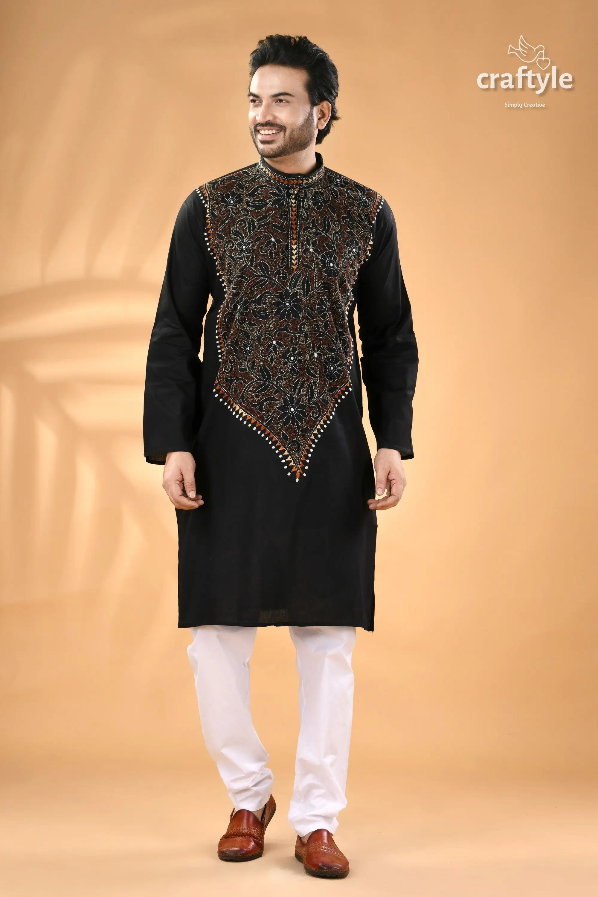 Ink black kantha stitch cotton panjabi for men reverse men’s black embroidered kurta white 5