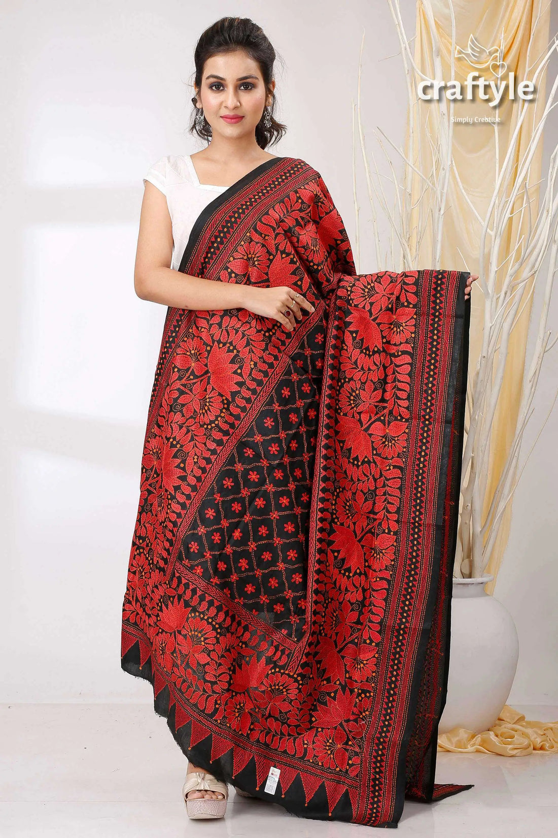 Ink Black Maroon Lotus Motif Pure Silk Hand Kantha Work Shawl - Craftyle