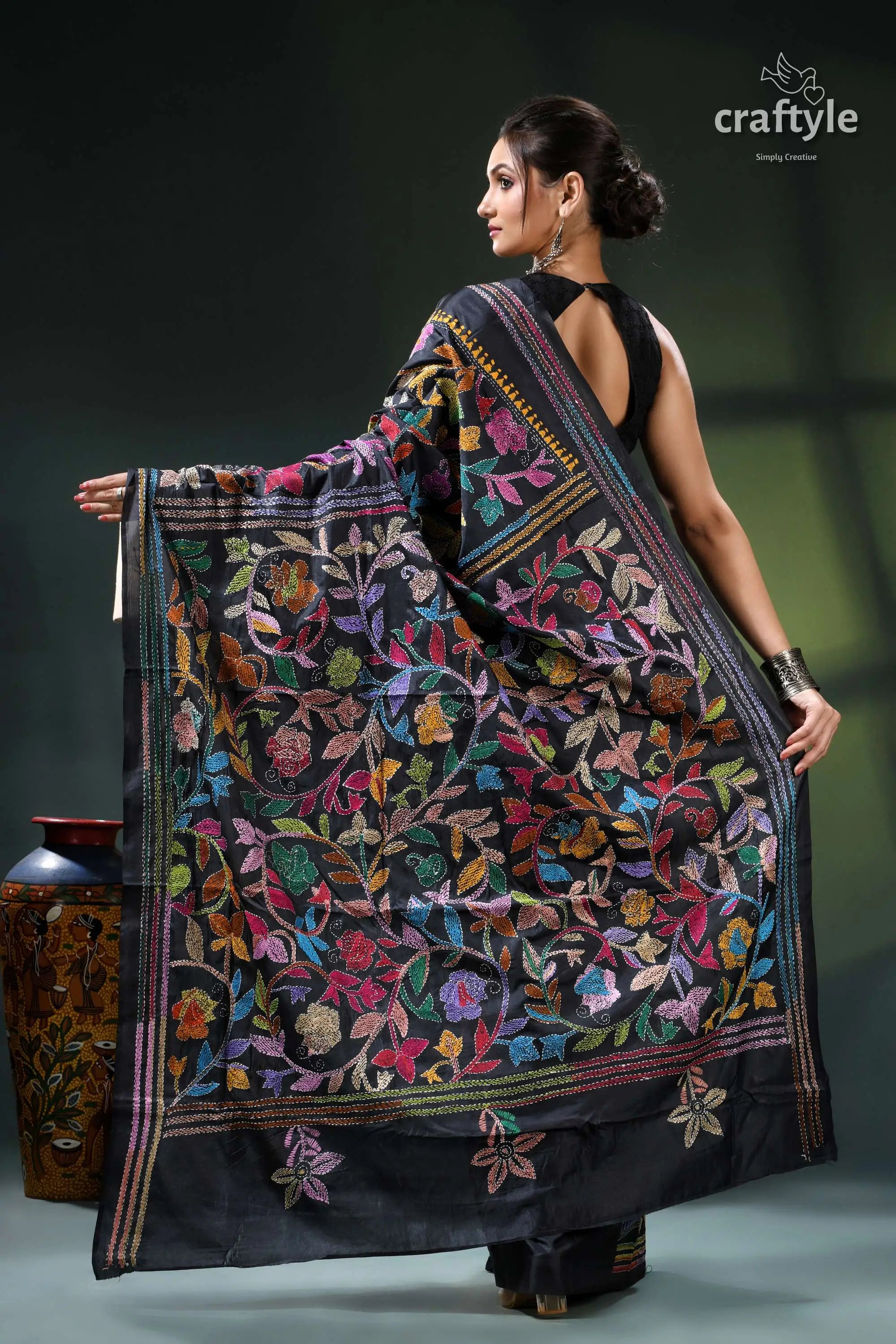 Ink black multithread floral design elegant kantha silk saree black floral saree intricate embroidery 6