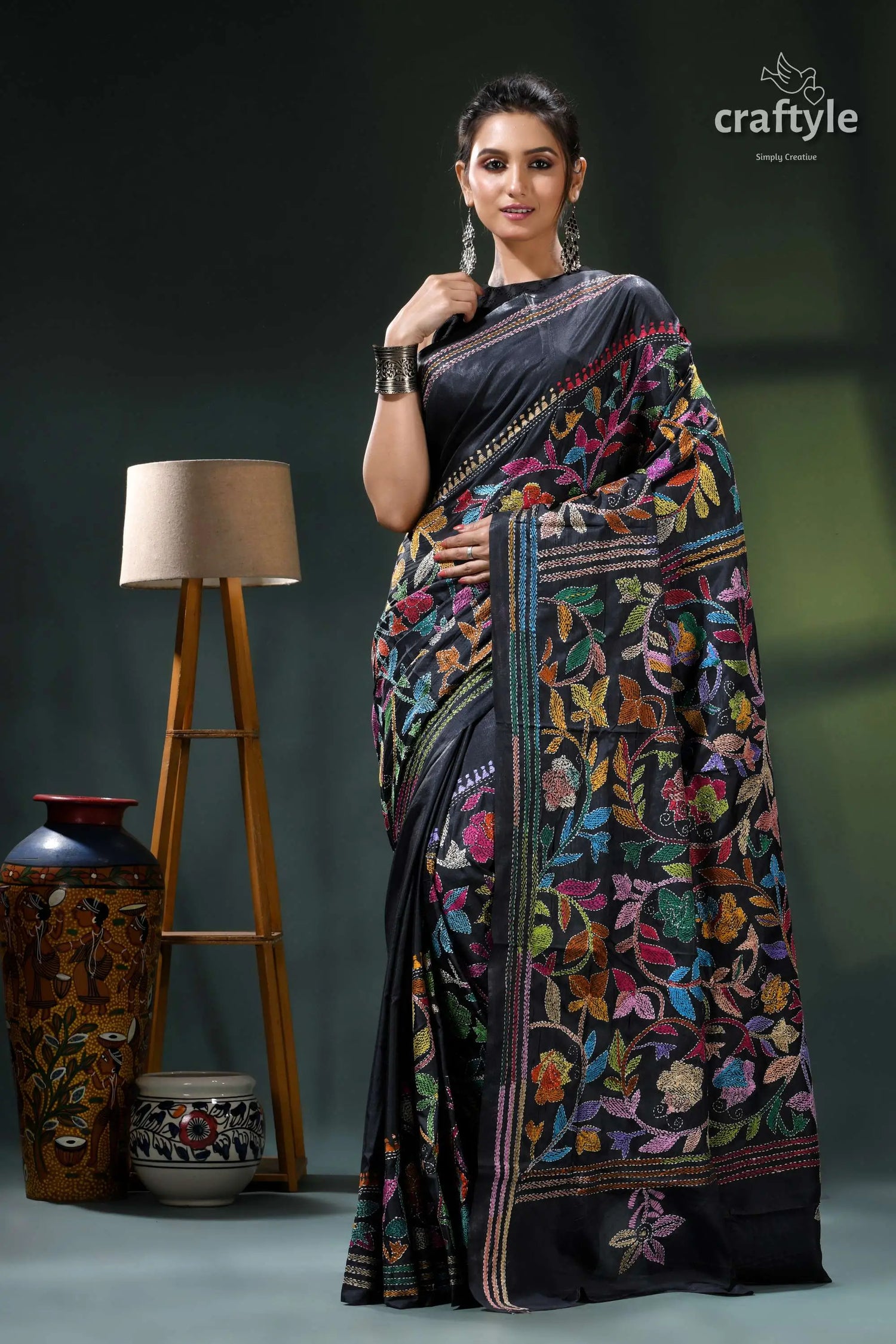 Ink black multithread floral design elegant kantha silk saree black floral saree multicolored accents 7