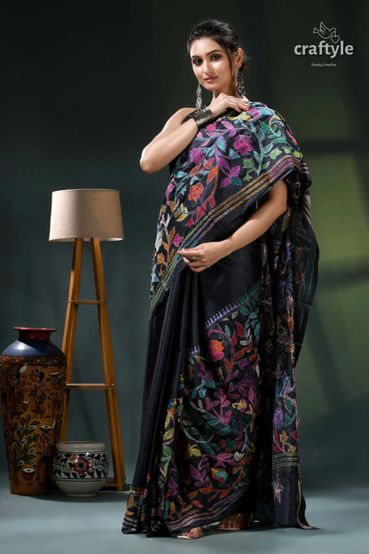 Ink black multithread floral design elegant kantha silk saree black floral saree green purple 5