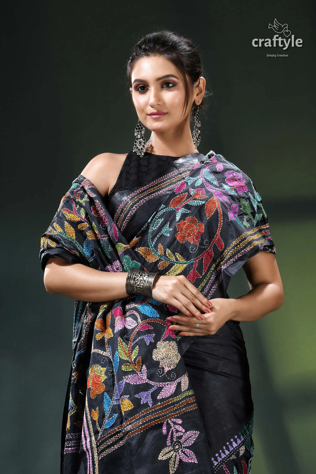 Ink black multithread floral design elegant kantha silk saree black floral saree silver accents 2